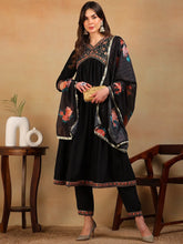Women Black Silk Blend Embroidered A-Line Kurta Pant Set With Dupatta